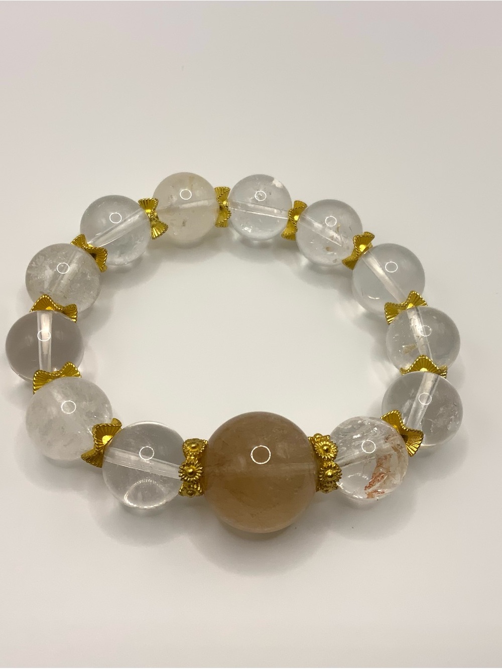 Clear Quartz and Natural Rabbit Hair Quartz Stretch Bracelet with Gold Accents